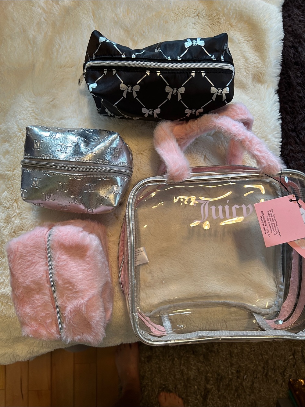 Juicy Couture Pink Faux-Fur & Silver Make Up Accessory Bag Set